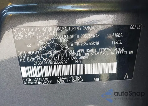 2015 Toyota Rav4 Limited from USA, damaged, VIN 2T3DFREV6FW358202